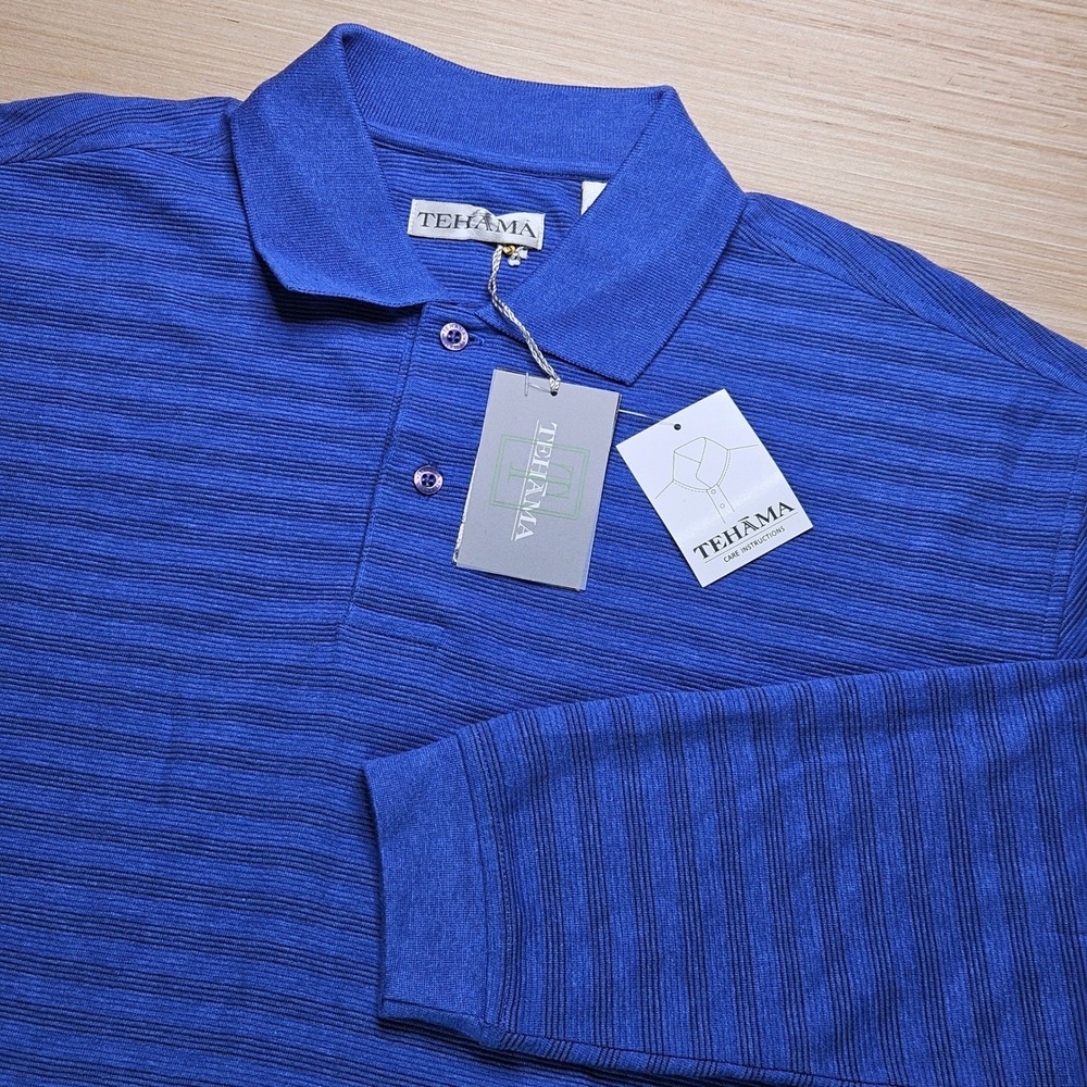 Tehama Polo Shirt Mens L Blue Long Sleeve Textured Stripe NEW